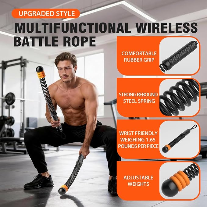 Ropeless Battle Ropes with Adjustable Weights, Portable Cordless Battle Ropes for Home Gym, HIIT & Low Impact Cardio Workouts, Compact Gym Equipment for Men & Women (Black)