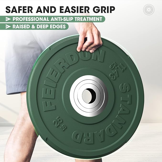FEIERDUN Color Bumper Plate Set, 2-Inch Olympic Weight Plates, Low Bounce Rubber Barbell Plates with Stainless Steel Insert for Weightlifting, Strength Training, CrossFit & Home Gym, 10LB-370LB