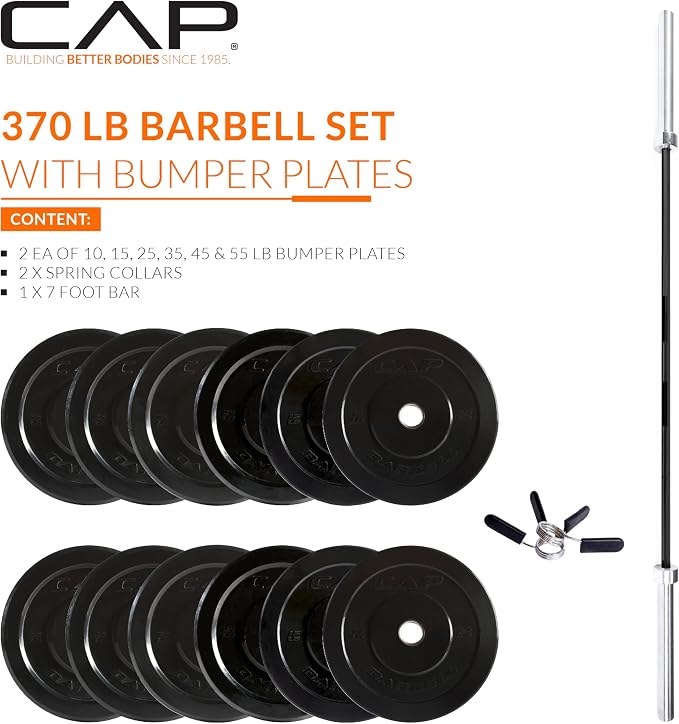 CAP Barbell Olympic Weight Set with 7ft Barbell & Bumper Plates | 160-370 lbs | Multiple Options