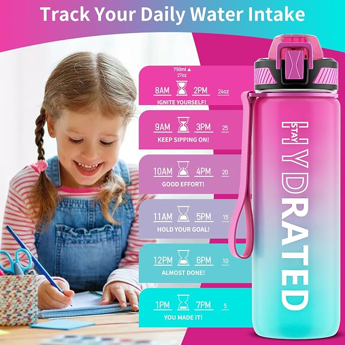 QLUR Water Bottle with Straw, 27oz Motivational Water Bottles with Time Marker to Drink, Tritan BPA Free, 750ml Sports Water Bottle with Carry Strap LeakProof for School Fitness Outdoor (1Pack)
