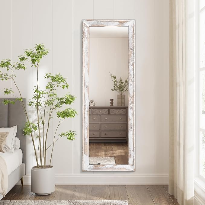 AAZZKANG Wall Mirror Full Length Rustic Wood Framed Large 47"x16" | Rectangular Full Body Mirrors Decorative for Bedroom Living Room Bathroom Entryway White
