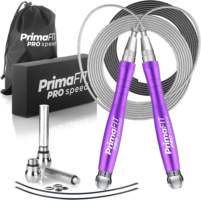 PrimaFIT Pro Speed Jump Rope for Adults, Weighted Skipping Rope for Boxing | Adjustable Jumping Rope for Fitness Workout & CrossFit Exercise, Double Unders, Handle Weights, 3m Cables 2 Protectors, Bag