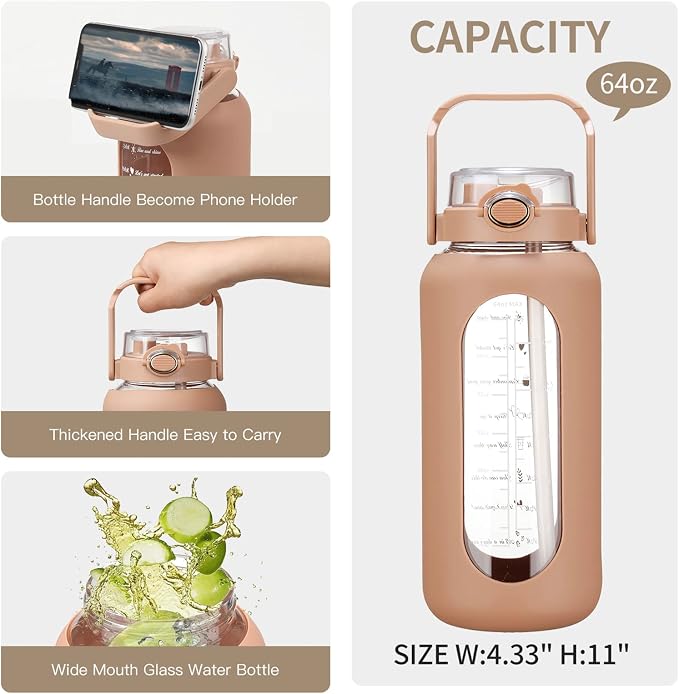 chunmo 64oz Glass Water Bolttles with Straw Half Gallon Large Motivational Water Bottle with Time Marker Sports Water Bottles with Silicone Sleeve and Handle Lid Water Jug for Gym Workout