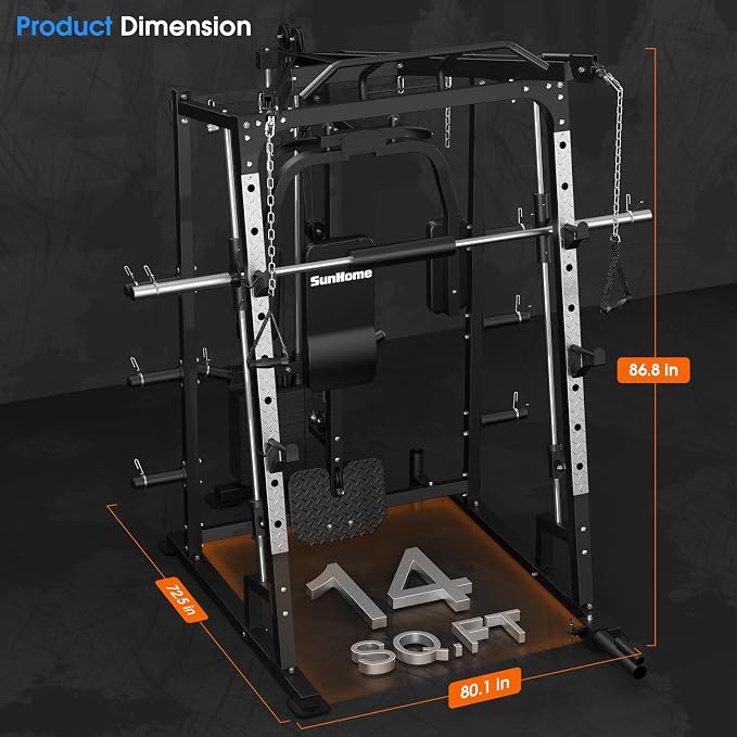 SunHome Smith Machine, 2000LBS Power Cage Squat Rack with Smith Bar, LAT Pull-Down Systems, Cable Crossover Machine for Home Gym