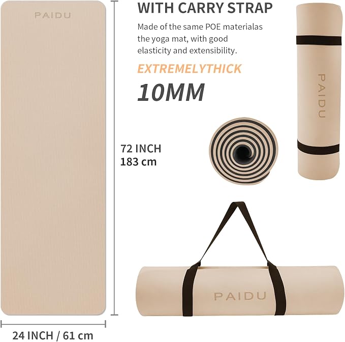 PAIDU POE Yoga Mat （10mm）Extra Thick Fitness Mat 72"x24" with Carry Strap | Non-slip, tear-resistant and suitable for all ages, perfect for yoga, Pilates, home gym and full-body workouts.