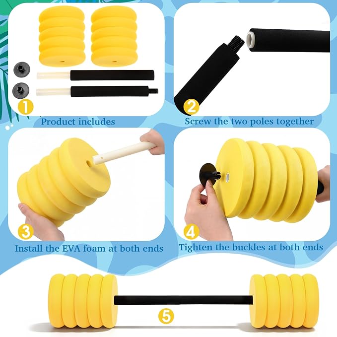Soulchen Long Aquatic Exercise Dumbbells Pool Exercise Foam Water Weights Dumbbell Aquatic Pool Barbells with High Density EVA Foam for Swim Water Aerobics Workouts Loss