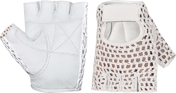 MESH Leather Fingerless Weight Lifting Exercise Gym Wheelchair Gloves White W 1061