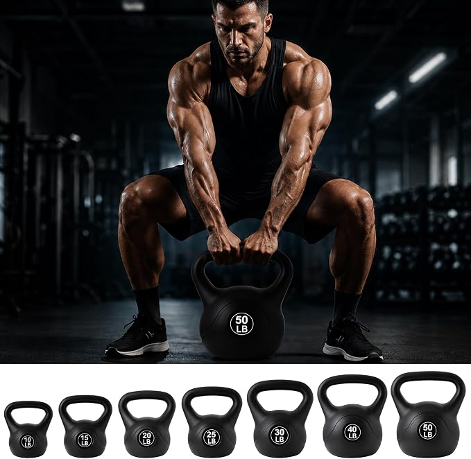 ALTLER Vinyl Plastic Concrete Kettlebell 10-50LBS Safe Strength Training Kettlebell Anti-Slip Grip Weight for Home Workouts and Men/Women/Beginners