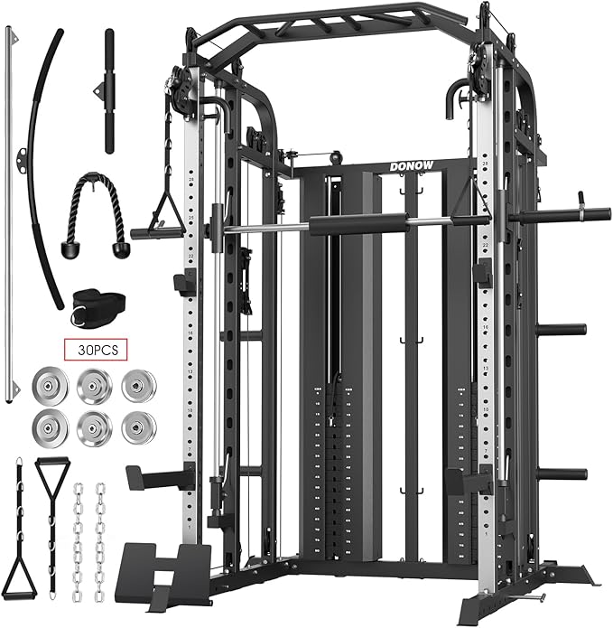 DONOW Smith Machine with Weight Stacks Home Gym System Cable Crossover | Multi Function, All in One, Heavy Duty, Lat Pulldown Bench, Hip Thrust Attachment, Smooth Smith Bar and Cable System