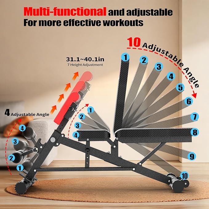 K KINGKANG Weight Bench,Load 1000LBS Roman Chair for Home Gym | Multi-Function Adjustment(10+7+4+4),for Bench Press/Sit-up/Back,Carbon Steel Frame with 2 Rear Wheels