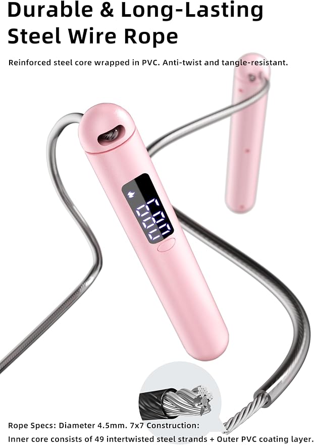 ACHDOFITS Jump Rope with Smart Counter for Adults | Tangle-free Steel Core, 170g. Fits 5'-6'5". 4 Modes: Beginner-HIIT. Rechargeable. For Women & Men. Tracks Calories & Jumps.