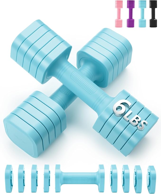 Equipro Hand Weights for Women at Home 6 LBS Adjustable Dumbbell Set of 2, Fast Adjust Dumbbells with TPU Soft Rubber Handle for Home Gym Exercise Training