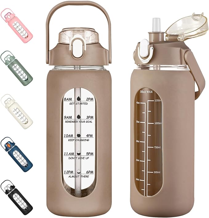 56oz Glass Water Bottles with Straw, Motivational Glass Bottle with Silicone Sleeve and Time Marker, Leakproof Large Glass Water Jug for Gym Home Office,Amber