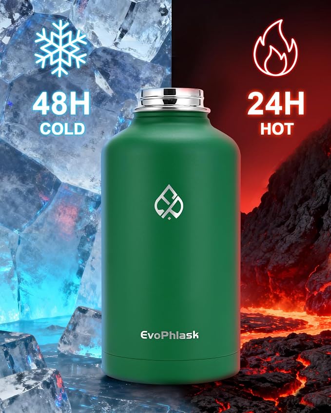 Insulated Water Bottle 64 oz with Carrier Bag, Green | Stainless Steel, Vacuum Insulated Keep Cold 48 Hrs, Half Gallon Large Water Jug, For Travel, Sport, Gym, Hiking