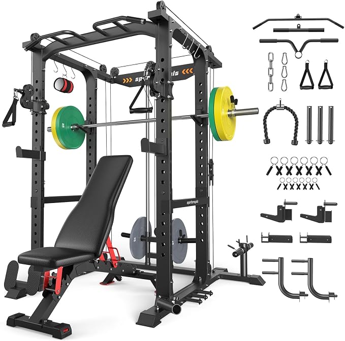 SPORTSROYALS Power Rack, Multi-Functional Power Cage, Squat Rack with Pulley System & LAT Pull Down, Workout Cage with J Hooks for Home Gym