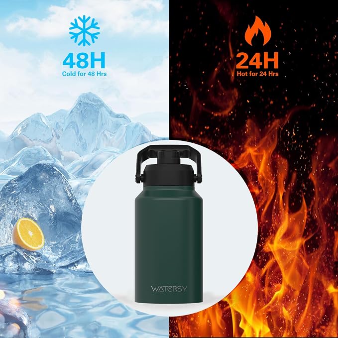 WATERSY 2/3 Gallon Water Bottle Insulated(Cold for 48 Hrs),BPA Free&Leak Proof,87oz Stainless Steel Water Jug/Flask,Big thermo,Large Water Bottle with Handle for Gym,Hiking,Camping,Dark Green