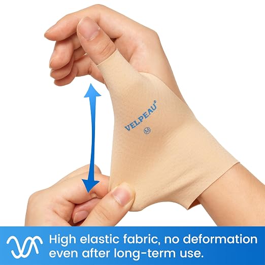 VELPEAU Elastic Thumb Wrist Support Brace (Pack of 2), Splashproof Compression Sleeve for Arthritis Pain, Tendonitis, Sprains, Sports, Splint Liner, Fits Left & Right Hands (Long Version - Khaki, Medium)
