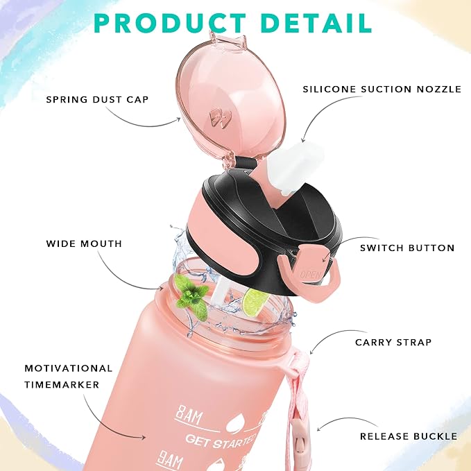 Enerbone 32 oz Water Bottle with Times to Drink and Straw, Motivational Drinking Water Bottles with Carrying Strap, Leakproof BPA & Toxic Free, Ensure You Drink Enough Water for Fitness Gym Outdoor