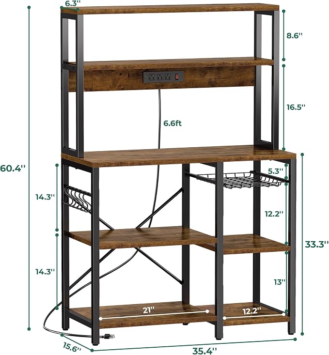 SUPERJARE Bakers Rack with Power Outlet, 35.4 Inches Coffee Bar with Basket | Kitchen Microwave Stand with 13 S-Shaped Hooks, Open Storage Shelves, Rustic Brown