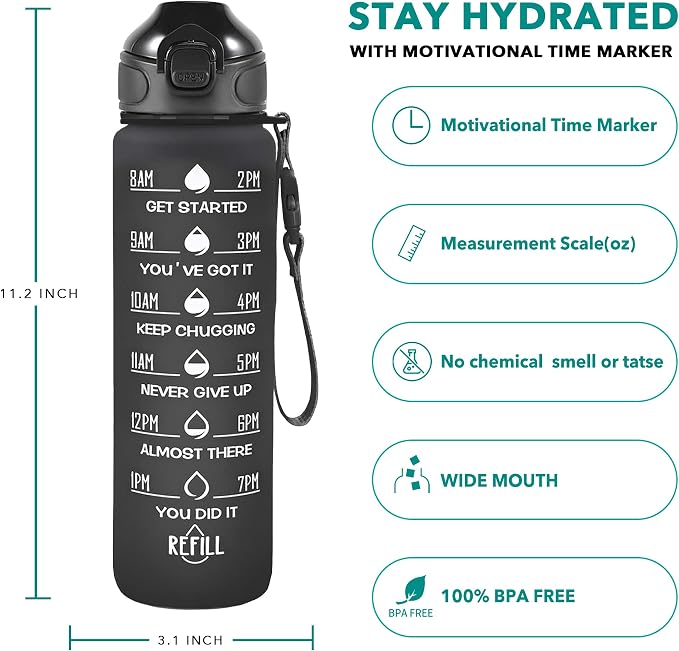 Enerbone 32 oz Drinking Water Bottle with Times to Drink and Straw, Motivational with Carrying Strap, Leakproof BPA & Toxic Free, Ensure You Drink Enough Water for Fitness Gym Outdoor