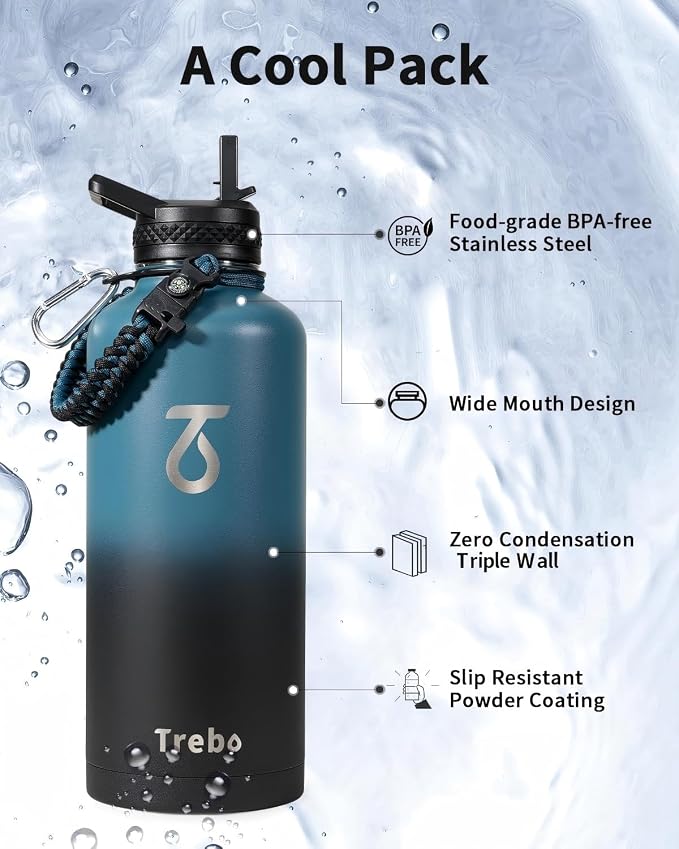 Trebo Water Bottle Insulation 87 oz, Vacuum Stainless Steel Water Jug (Keep Cold for 48 Hrs), LeakProof & Non-BPA, Water Flask with Paracord Handle & Straw Spout Lids, Indigo/Black | Large Stainless Steel Water Jug, Triple Wall Vacuum Copper Plated, Di...