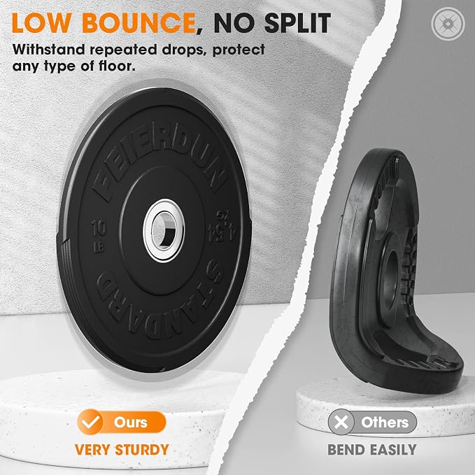 FEIERDUN Color Bumper Plate Set, 2-Inch Olympic Weight Plates, Low Bounce Rubber Barbell Plates with Stainless Steel Insert for Weightlifting, Strength Training, CrossFit & Home Gym, 10LB-370LB