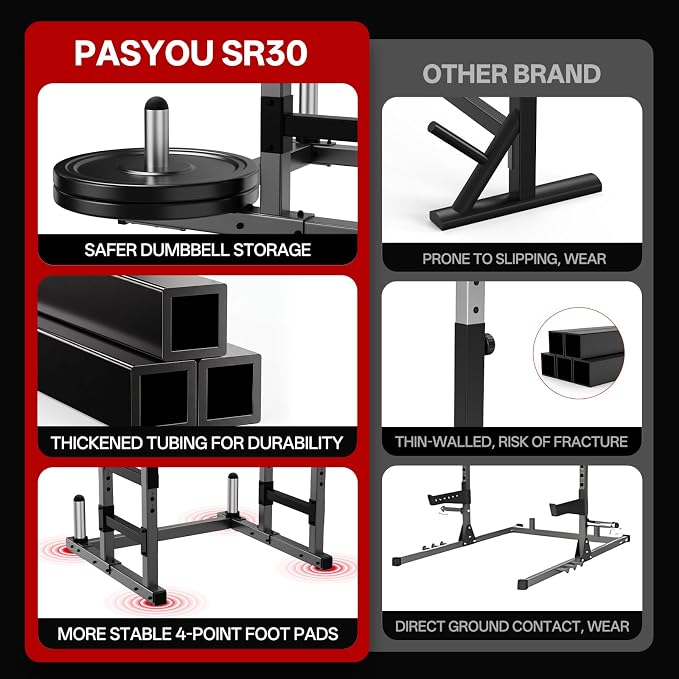 PASYOU Adjustable Squat Power Rack for Home Gym | Adjustable Free Weight Racks, Dual Steel Frame, Push-up Handles, with Dumbbell Storage, Heavy Strength Training for Home Gym
