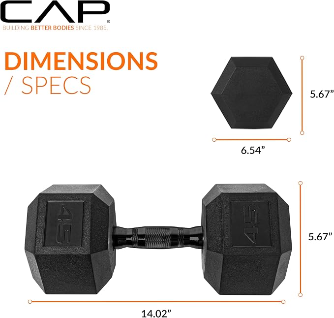 CAP Rubber Coated Dumbbell Weights, Free Weights for Home Gym Strength Training, Anti-Roll Hex Dumbbells with Black, Chrome & Comfort Grip Handles, Pairs & Sets