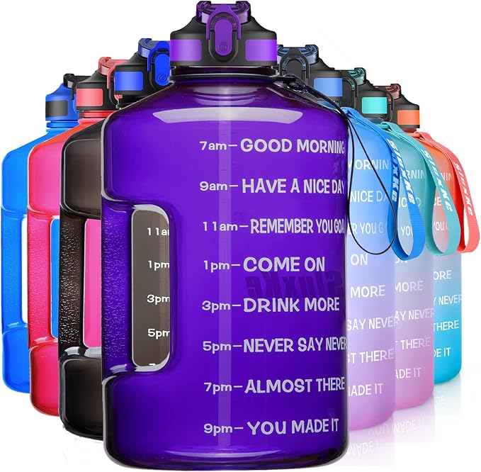 SLUXKE 1 Gallon Motivational Sports Water Bottle with Time Marker, BPA Free 128oz Leak Proof Jug, Black, Plastic, 128 ounces, Fitness, Sports, Outdoor Activities