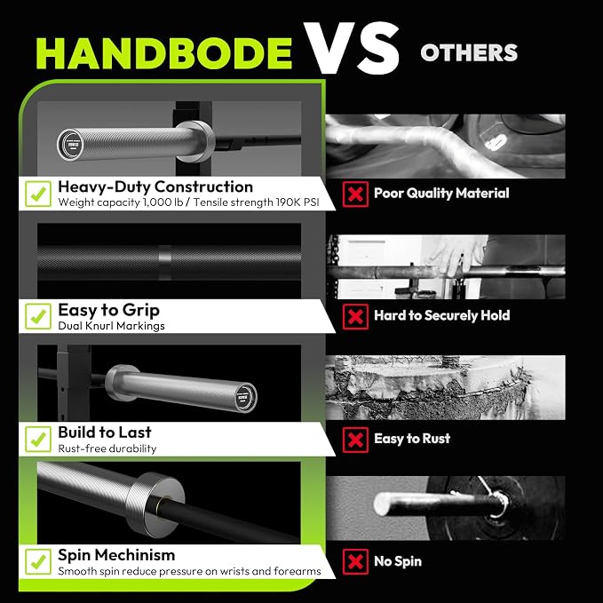 HANDBODE 35 lb Olympic Barbell 6.5 ft, 2 Inch Womens Bars, 1000 lb Capacity | Spring Steel Construction, Knurled Grip, Weightlifting, Bench Press, Deadlift, Squat, Home Gym Strength Training