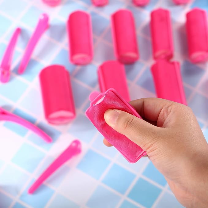 40 Pieces Sponge Hair Rollers Satin Rollers Silk Foam Roller Women Hair Curlers with Duck Teeth Clips for Hairdressing Styling(Rose Red)