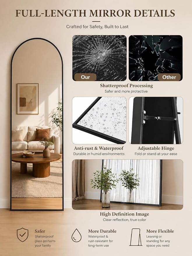 Full Length Mirror, 58.5"x18" Arched Floor Mirror Freestanding, Floor Standing Full Body Mirror with Stand for Bedroom, Hanging Mounted for Living Room Cloakroom (Black, 58.5" L x 18" W)