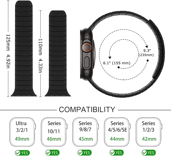 Tasikar Magnetic Bands Compatible with Apple Watch 49mm 46mm 45mm 44mm 42mm Soft Silicone Replacement Loop Wristband for iWatch Ultra 3 2 1 SE Series 11 10 9 8 7 6 5 4 3, Black