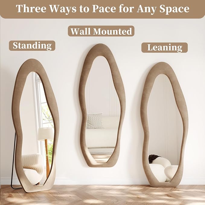 Irregular Full Length Mirror Flannel 63"x24" Full Body Mirror | Velvet Floor Mirrors with Stand, Irregular Wavy Mirror Hanging or Leaning Against Wall for Bedroom Living Room, Brown
