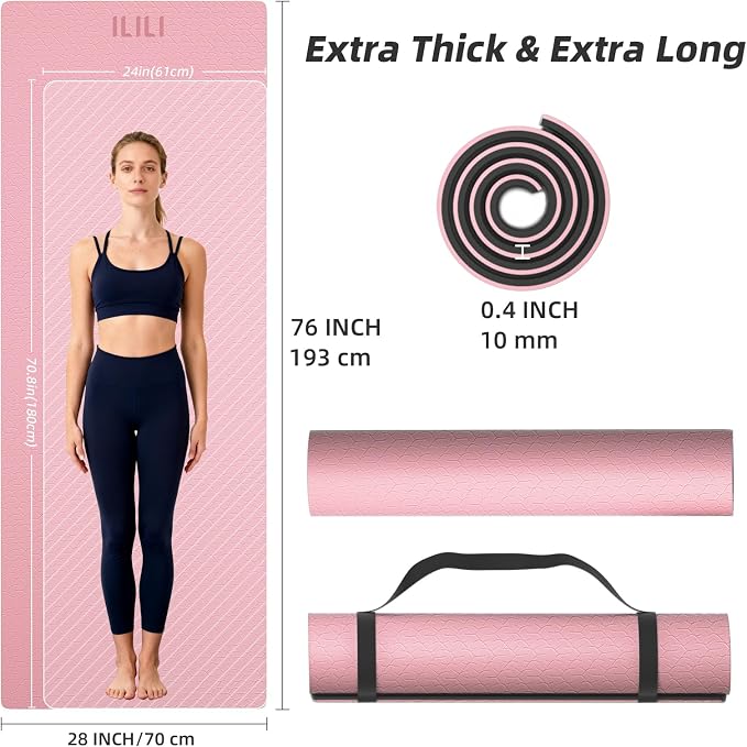ILILI Yoga Mat 10mm Extra Thick and 193cm Extra Long, 76x28×0.4 Inch, Double Color Non-Slip TPE Material, Easy Carrying with Strap, Ideal for Yoga, Pilates, Floor Exercise, Home and Outdoor Use, Eco Friendly
