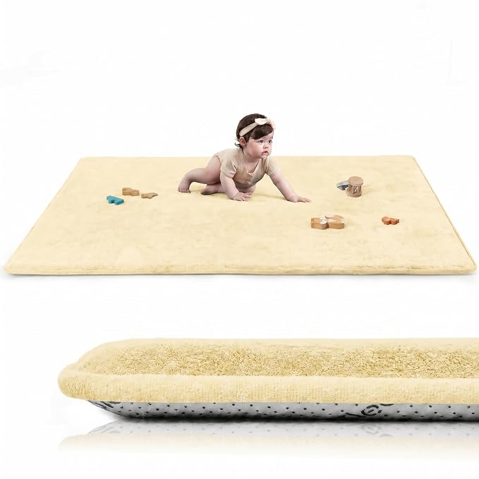 Baby Play Mat for Floor,1.3" Thick Elasti-Foam Large 59"×71" Playpen Mat,Non-Toxic Certified Water-Repellent Coral Velvet, Non-Slip Safe Crawling Mat for Tummy Time, Toddler & Infant(Vanilla)