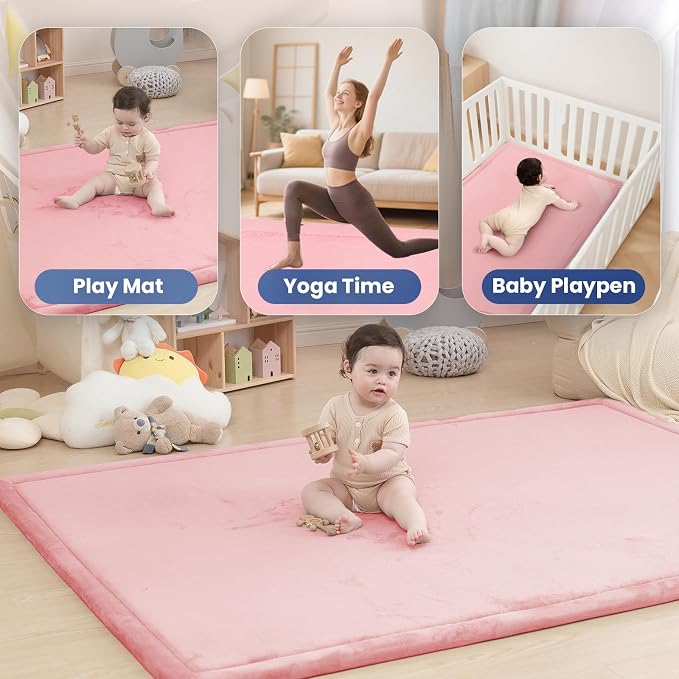 Extra Large 79"x118" Baby Activity Play Mat for Floor, 1.3" Thick Elasti Foam for Tummy Time & Crawling, Non-Slip Nursery Rug for Infants, Toddlers & Kids, Tatami Style Mat for Yoga, Living Room, Classroom & Playroom(Pink)