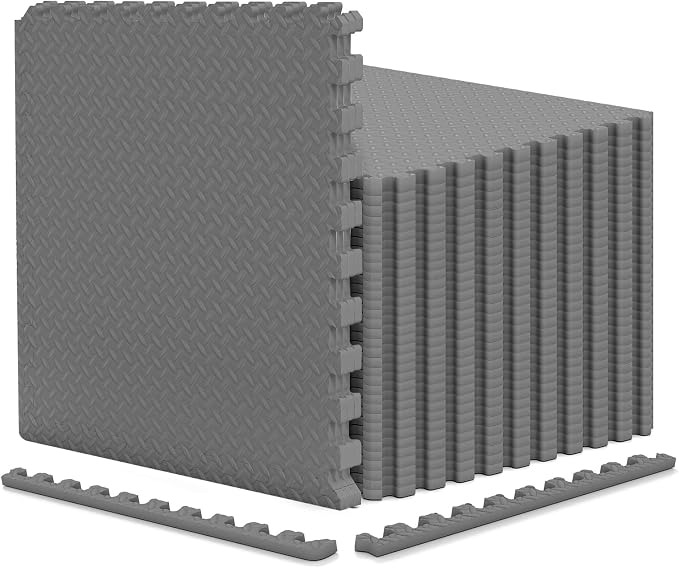 Tangkula 36 Tiles Exercise Flooring Mats with Border, Non-Slip EVA Foam Protective Mats, Elastic Puzzle Play Mats, 1/2" Interlocking Floor Mats for Home Gym, Fitness Room, Workshop Equipment (Gray)