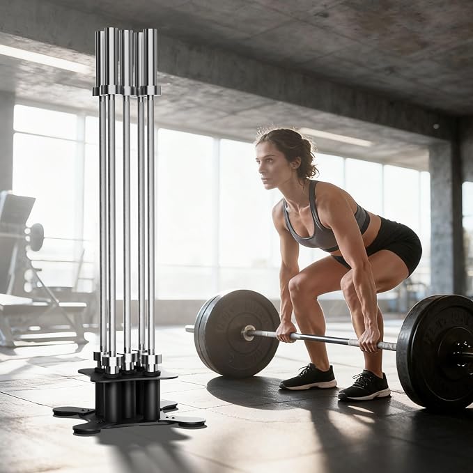 Vertical Barbell Storage Rack, 5-Bar Barbell Holder Floor Stand | 2-Inch Olympic/Curl Bar Compatible, with Protective Sleeve Inserts, Organizer for Home & Garage Gym