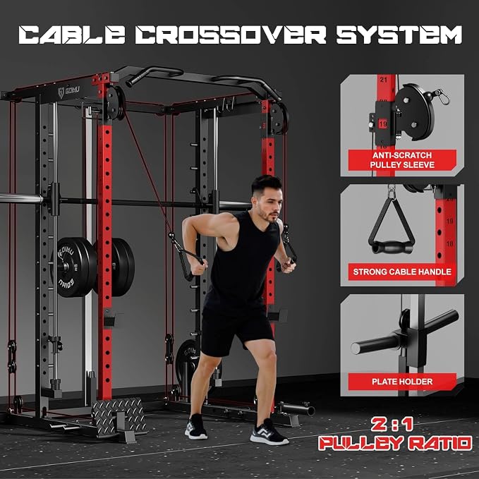 S1-V4 Smith Machine, 2000LBS Power Cage with Cable Crossover System, All-in-One Squat Rack with Smith Bar, Strength Training Equipment for Home Gym