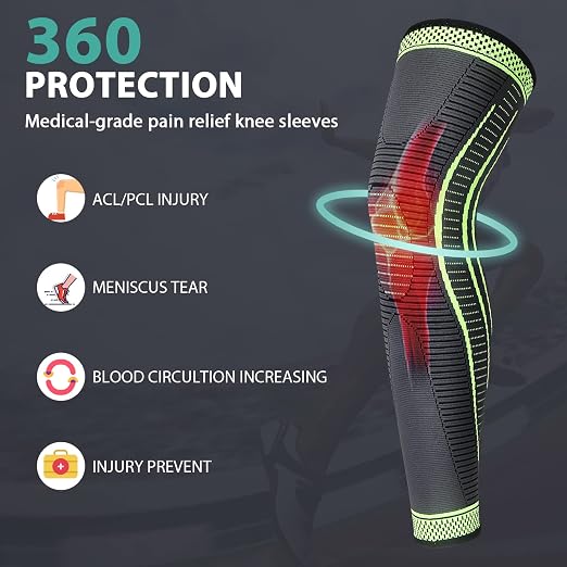 2 Pack Full Leg Compression Sleeves, Long Knee Brace Support for ACL,PCL, Meniscus Tear, Arthritis, Tendinitis,Men And Women (Green,Small)