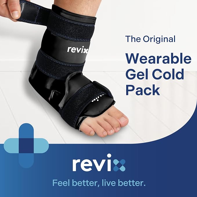 REVIX Ankle Ice Pack Wrap, Gel Ice Pack with Cold Compression, Black | Reusable Cold Wrap Covers Foot, Ankle & Heel for Plantar Fasciitis Discomfort and Swelling, 3 Adjustable Straps