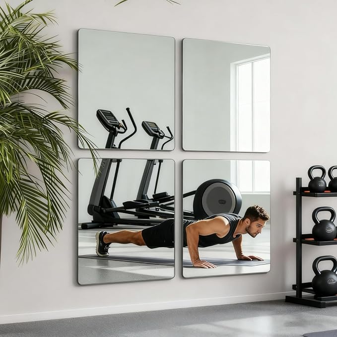4 Pack Acrylic Mirrors for Wall,8 x 8 Inch Self Adhesive Frameless Small Mirror Tiles, Flexible Plastic Mirror Sheets for Bedroom Home Gym Door (4Pcs 8×8inch)