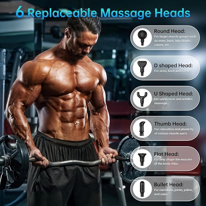 Gvber Massage Gun 30 Speed 6 Heads Percussion Muscle Pain Relief, Grey | Handheld Quiet Deep Tissue Back Massager Relieves Back, Neck, Shoulder, Leg & Foot for Athletes & Home Gym
