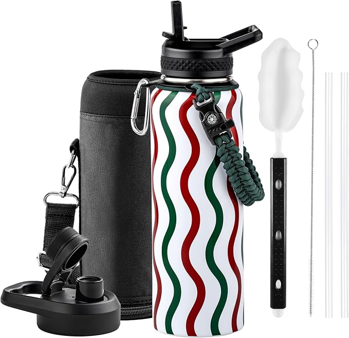 RAYMYLO Insulated Water Bottle 40 oz, Triple Wall Vacuum Stainless Steel | (Cold for 36Hrs, Hot for 18Hrs), Leak Proof & Non-BPA, Modern Water Flask Jug with Paracord Handle & Straw Spout Lids