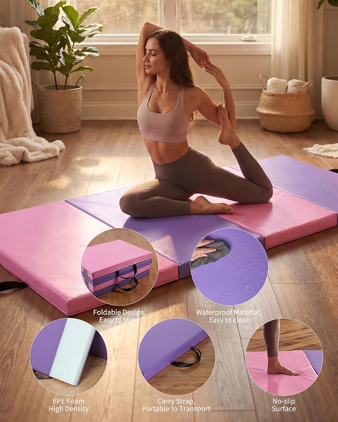 Garvee Gymnastics Mat, 6.2Ft 2-Inch Thick 4-Fold | Exercise Floor Mat for Home Gym, Portable Yoga Mat for Pilates, Aerobics, Martial Arts & Training