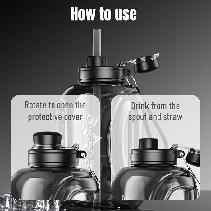 Doseno Big Water Bottle, 95 oz / 2.8 L Water Jug with Straw, 2 Pack, Black | Each plastic bottle has a measuring scale, leakproof lid, carry handle and shoulder strap for gym use and outdoor sports
