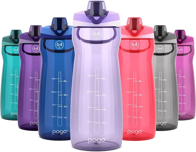 Pogo 64oz Plastic Water Bottle with Chug Lid and Carry Loop, Lilac | Leakproof water bottle with chug lid and capacity markings. BPA-free, great for travel, school, outdoors, and gym.