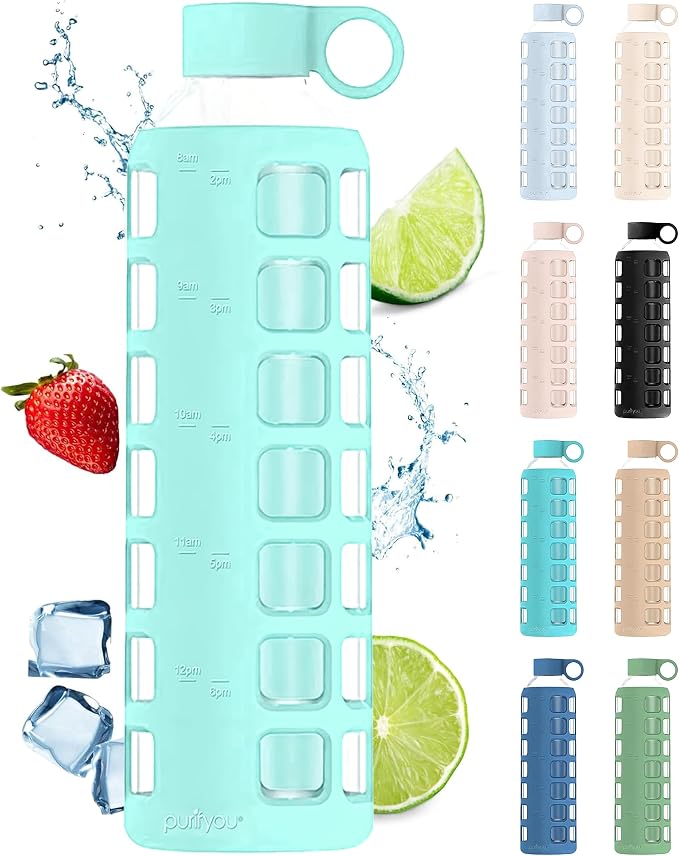 purifyou 40oz / 32oz / 22oz / 12oz Borosilicate Glass Water Bottle with Time & Volume Markers, Silicone Sleeve, Stainless Steel Lid | Reusable Glass Bottle for Water & Juice (32oz Glow-in-the-Dark)
