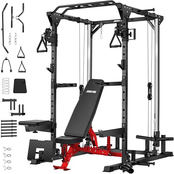 JEEKEE Power Cage with Cable Crossover System, 2000LB Multi-Function Power Rack with Independent Dual Pulleys, LAT Pulldown Seat Cushion, 20+ Attachments Squat Rack for Home Gym Workout,Black